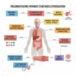 While prolonged fasting is often cited for its metabolic benefits, extended periods without caloric intake can trigger a "survival mode" that, if sustained, disrupts the very systems it aims to improve.  
Below is a condensed, in-depth analysis of the physiological pathways to metabolic dysregulation.
1. Glucose Dysregulation and Insulin Resistance
When glycogen stores (the body’s 12–24 hour glucose reserve) are exhausted, the body initiates gluconeogenesis—synthesizing glucose from non-carbohydrate sources like muscle tissue (amino acids) and fat (glycerol).
• The Randle Cycle: As the body ramps up fat oxidation, the resulting surge in Free Fatty Acids (FFAs) can inhibit glucose utilization in the muscles.  
• Hepatic Resistance: Constant gluconeogenesis forces the liver to stay in "production mode." Over time, the liver may become "deaf" to insulin's signal to stop producing glucose, a primary driver of Type 2 Diabetes.  
• Beta-Cell Exhaustion: To overcome this resistance, the pancreas overworks to secrete more insulin. Eventually, these beta-cells can reach a state of "burnout," leading to permanent insulin deficiency.  
2. The Endocrine Stress Response
The body perceives prolonged starvation as a high-stress event, causing a shift in the hypothalamic-pituitary-adrenal (HPA) axis.
• Cortisol Hypersecretion: To mobilize energy, the adrenal glands release cortisol. While helpful in the short term, chronic elevation impairs peripheral glucose uptake and promotes visceral fat storage.  
• Thyroid Downregulation: To conserve energy, the body reduces the conversion of Thyroxine (T4) into the active Triiodothyronine (T3). This "low T3 syndrome" slows the basal metabolic rate, often leading to rapid weight regain (the "yo-yo" effect) once fasting ends.
3. Hemodynamics and Blood Viscosity
Prolonged fasting can physically alter the properties of blood, increasing the risk of cardiovascular strain.
• Hemoconcentration: As insulin levels drop, the kidneys excrete sodium and water (natriuresis of fasting). This loss of plasma volume makes the blood more "viscous" or thicker.
• Erythrocyte Aggregation: High levels of circulating FFAs can coat red blood cells, reducing their "deformability." This makes it harder for blood to flow through tiny capillaries, potentially impairing oxygen delivery to vital organs.
4. Sleep and Circadian Disruption
The metabolic shift during fasting directly interferes with the sleep-wake cycle:
• Orexin Activation: Fasting stimulates orexin neurons in the brain, which promote wakefulness and alertness (an evolutionary trait to help find food), often leading to insomnia.  
• Cortisol/Melatonin Imbalance: Elevated nighttime cortisol counteracts melatonin production, preventing deep, restorative REM sleep.  
• Micronutrient Gaps: Deficiencies in magnesium (which regulates the GABA system) and tryptophan (a precursor to serotonin and melatonin) further degrade sleep quality.